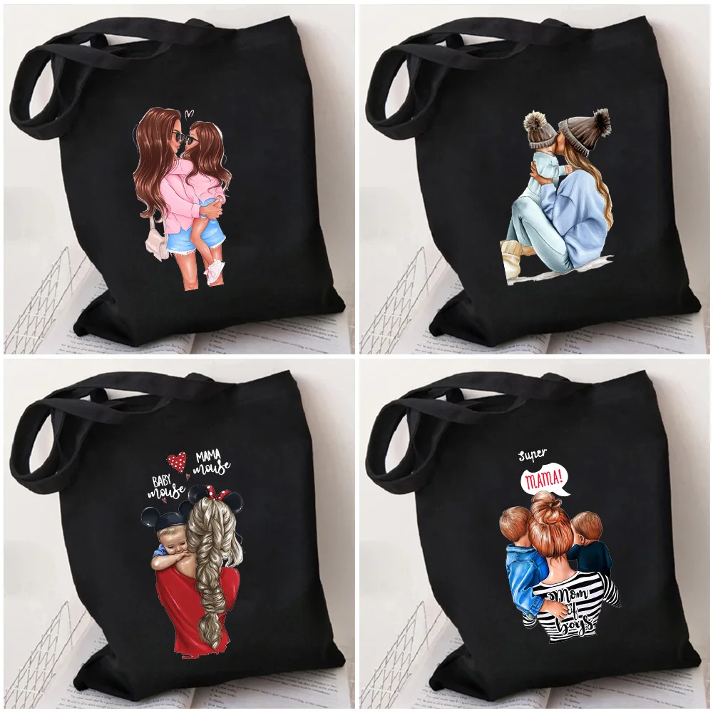 Super Mom Mum Dad Baby Girl Boy Fashion Mam Love Heart Shopping Cotton Tote Bag Shopper Women Canvas Shoulder Bag Large-capacity