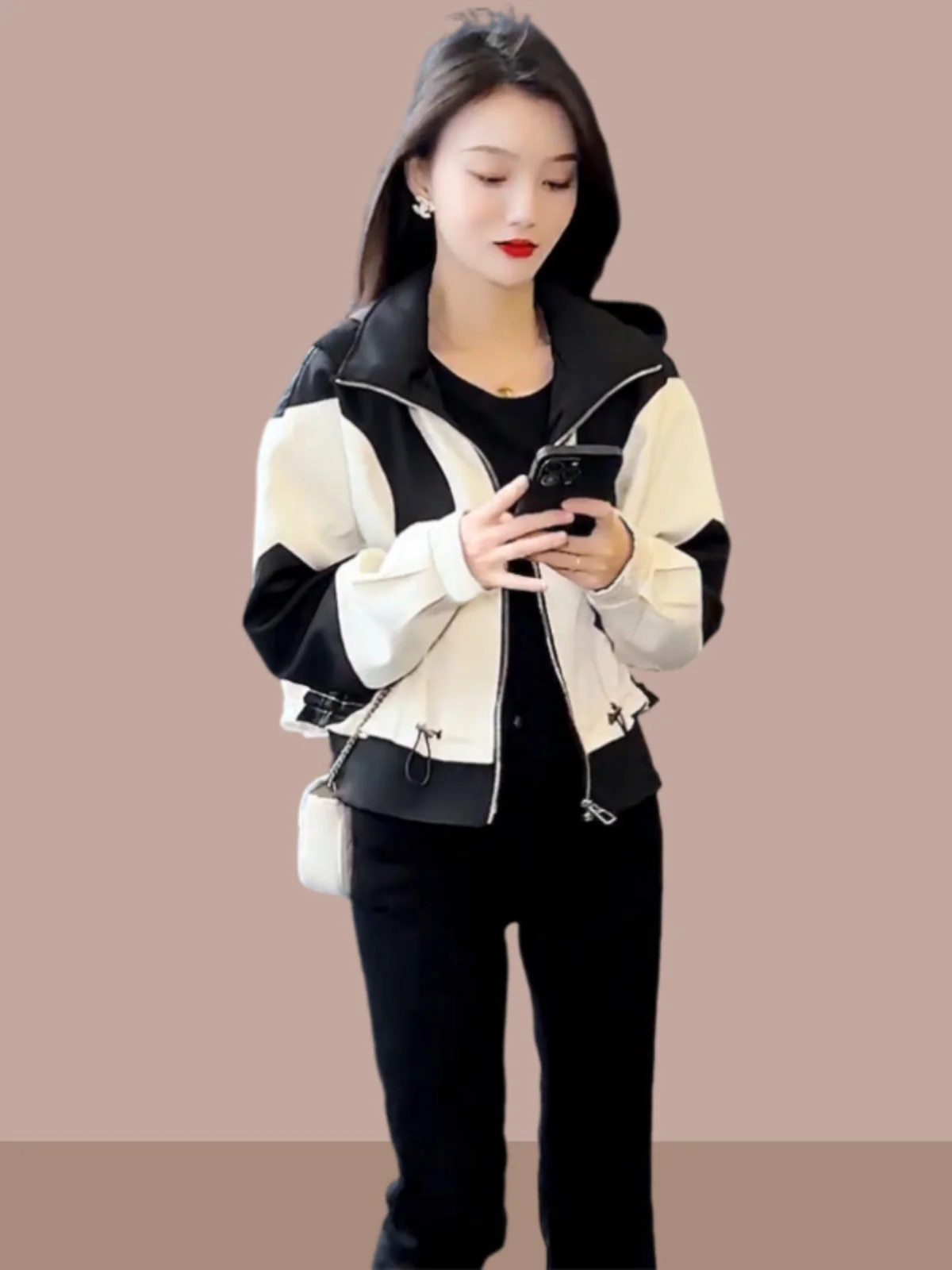 Unique Short Color Block Hooded Jacket Casual Versatile Baseball Style for Younger Looking Trendy Women's Spring Zipper Coat