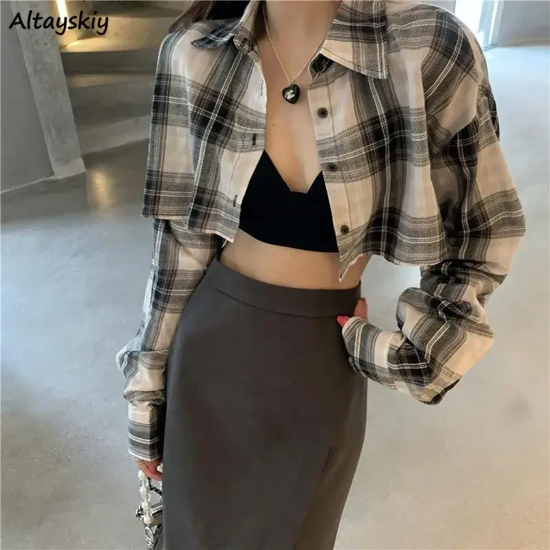 Plaid Shirt Women New Vintage Loose Thin Summer Long Sleeve Camisas Mujer Sun-proof Cropped Ladies Casual Fashion Sexy All-match