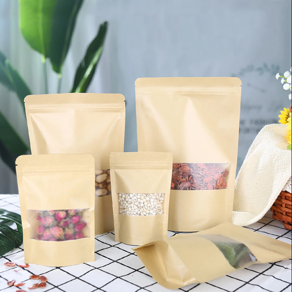 (30pcs)Transparent Window Kraft Paper Bag Food Packaging Bag Kraft Paper Self-supporting and Self Sealing Bag Snack Sealing Bag