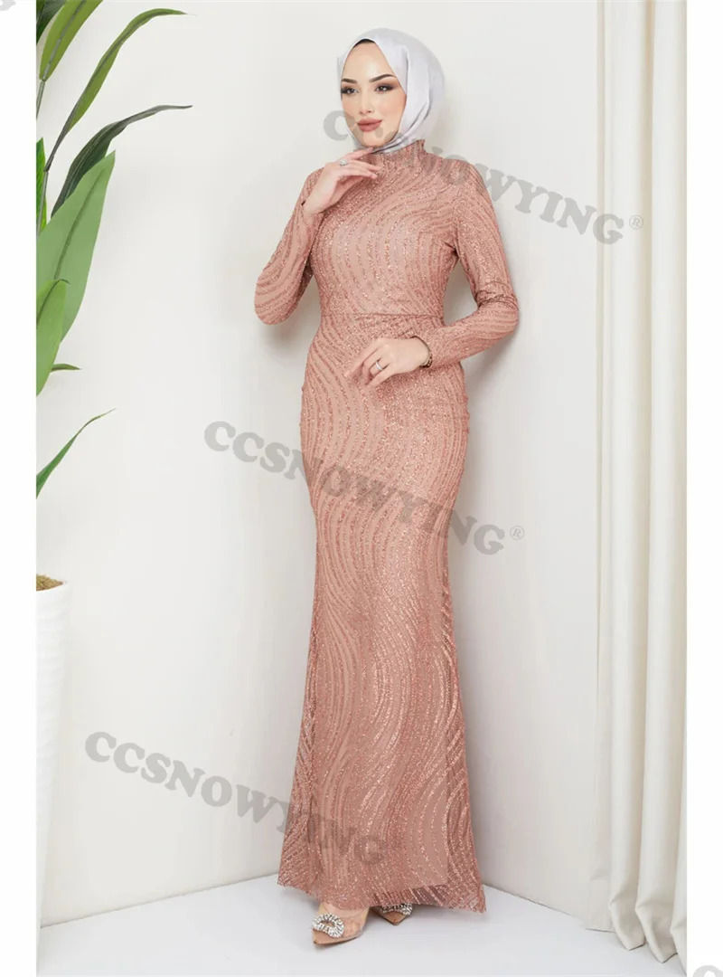 

Luxury Long Sleeve Muslim Evening Dresses Sparkly Sequin Islamic Formal Party Gowns High Neck Women Arabic Robes De Soirée