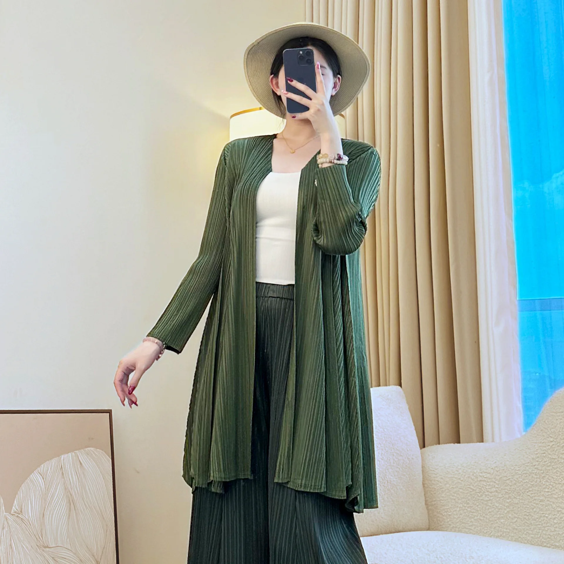 Cross-Border Women Stylish Olive Green Pleated Jacket Long Sleeve Open-Front Jacket Fashion Loose-Fit Top Daily Office Wear