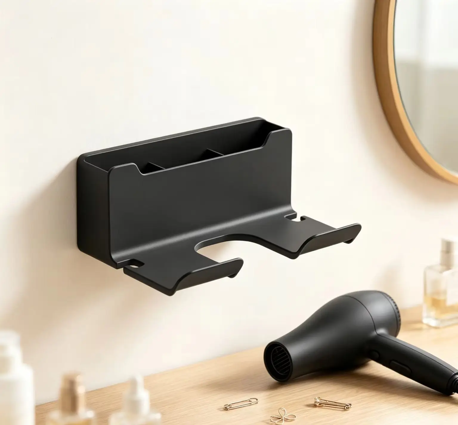 1 pieza de soporte de pared de plástico sin perforaciones para secador de pelo, soporte para plancha de pelo, estante de almacenamiento de accesorios de peinado para baño.