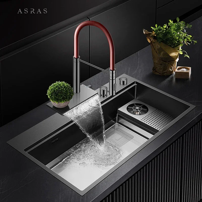 ASRAS Flying Rain Waterfall Faucet Hot And Cold Water Kitchen Faucet Single Handle Switch Pull Out 360 Degree Kitchen Mixer Tap