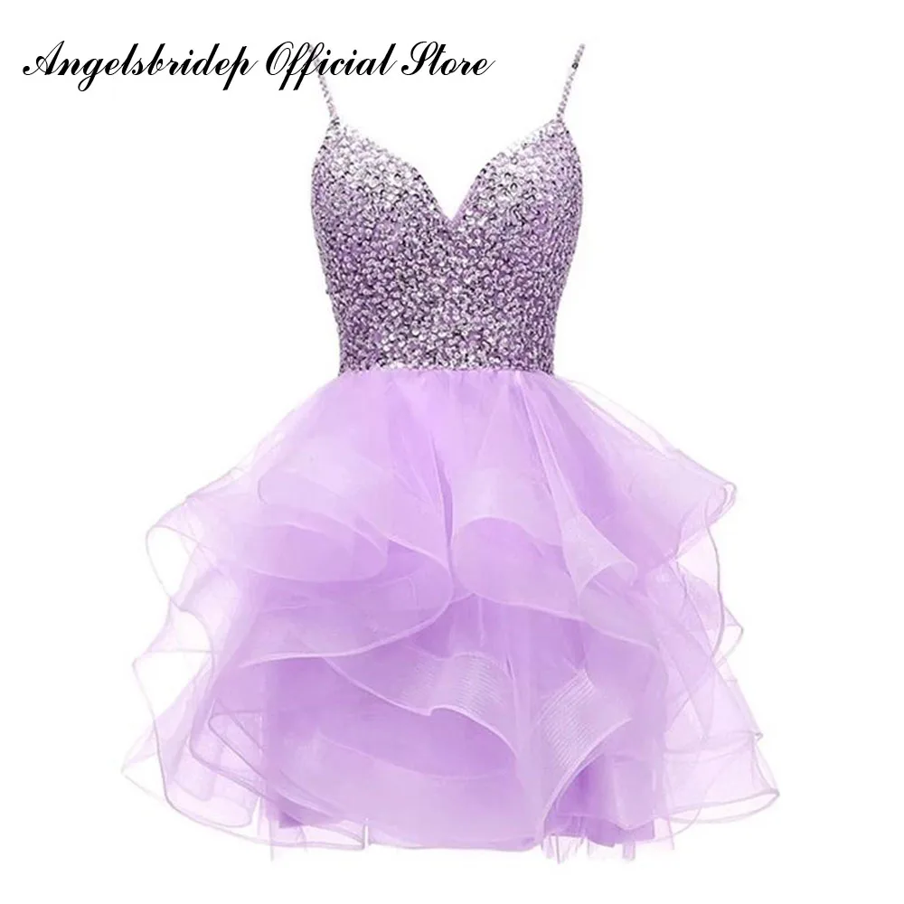 

Angelsbridep Spaghetti Straps Short Homecoming Dress Tulle Prom Dress Beaded Bodice Sequins Party Gown 8 Grade Graduation Dress