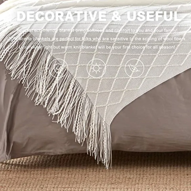 White Oversized Throw Blankets with Tassels 150x230cm Textured Knitted Boho Woven Big Blankets Bedspread Cover Manta Para Sofá