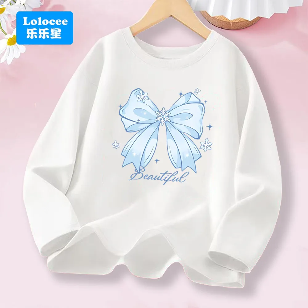 Frühlings-Langarm-T-Shirt für Mädchen – blaue Schleife und Schneeflocke, „schön“-Druck, weiches Baumwolloberteil für Kinder, 2026, neues Design