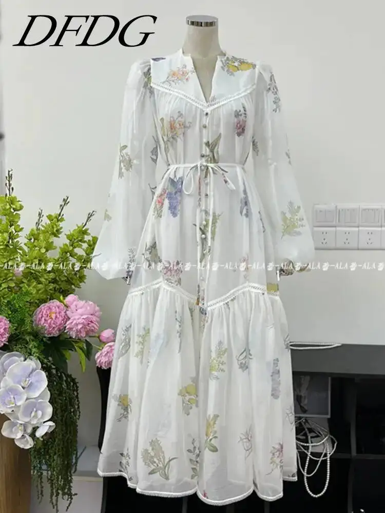 

DFDG 2024 Spring Summer New Casual Simple Lantern Sleeve V-neck Printed Single Breasted Medium Length Dress For Women