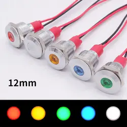 Luz indicadora de Metal de 12mm, lámpara de señal de advertencia, cables piloto, interruptor de alimentación de 3V, 5V, 12V, 24V, 220V, rojo, naranja, verde, azul, blanco