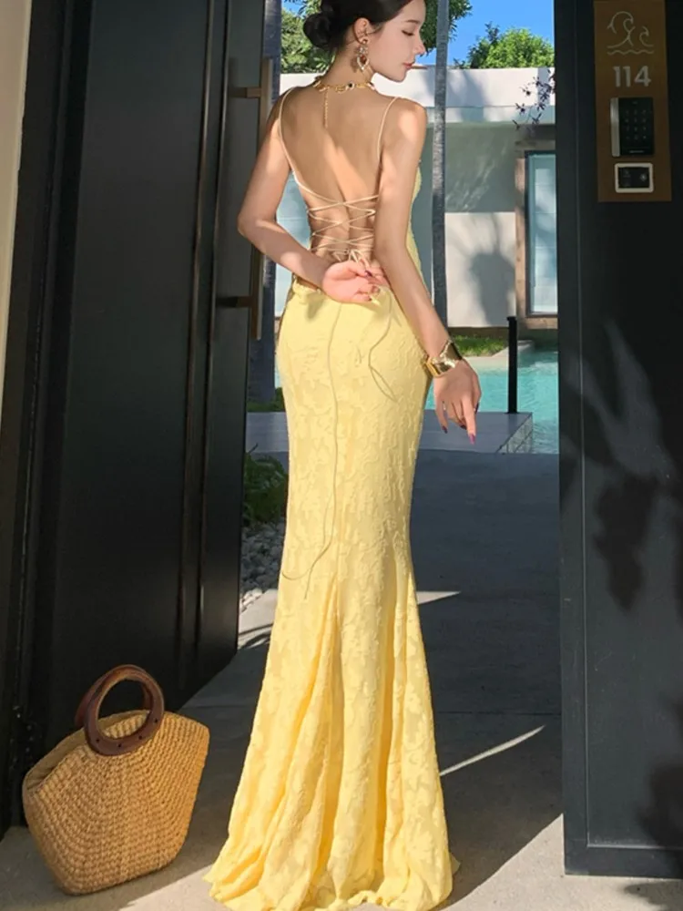 

Women's Summer Sexy Elegant Bodycon Party Dress Elegant Lace-up Evening Spaghetti Strap Dresses 2025 New Vacation Fashion Robe