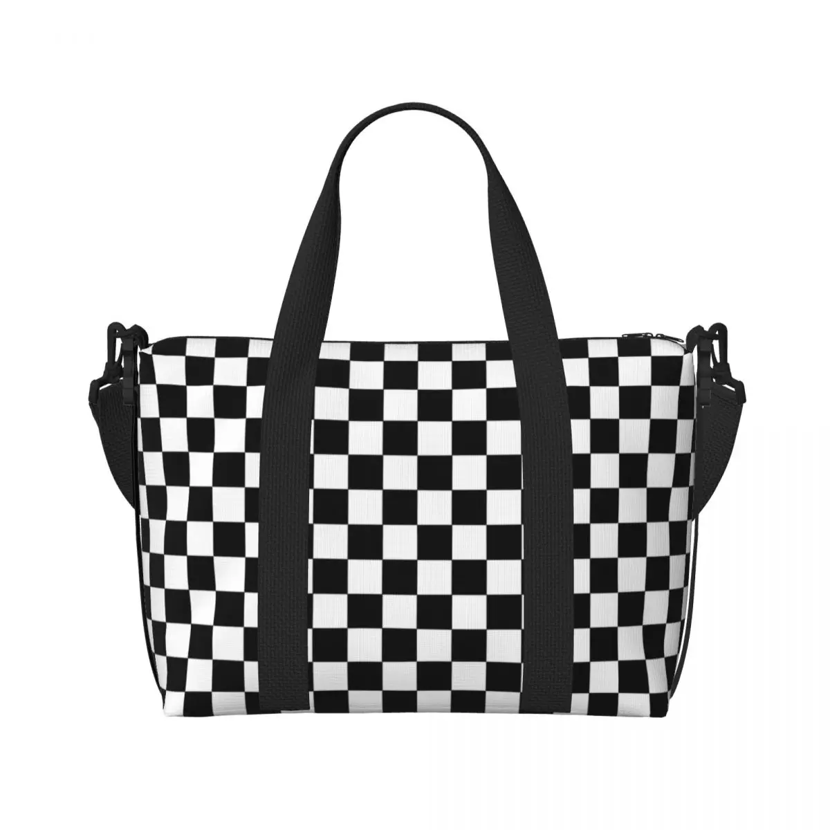 Custom Black และ White Checkered Tote กระเป๋าผู้หญิงขนาดใหญ่ความจุเรขาคณิต Checkerboard Beach Gym กระเป๋าเดินทางไหล่