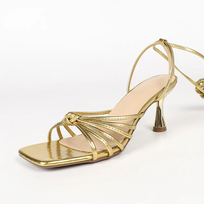 Gold Heels For Woman Sandals Sexy Narrowband Cross Strappy Dress Shoes 7cm Heeled Square Toe Ladies Sandals Plus Size 42