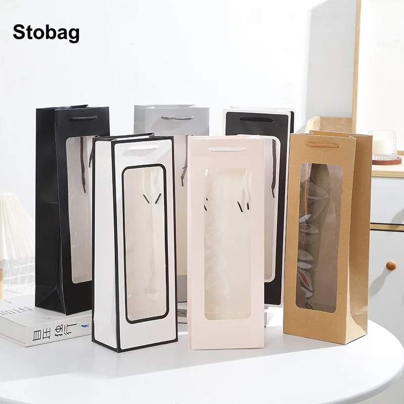 

StoBag 12pcs Color Kraft paper Gift Tote Bag Box Long with Window Flower Red Wine Packaging Storage Pouch Birthday Party Favors