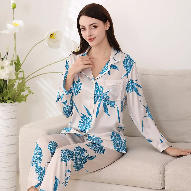 

Floral Printed 100% Mulberry Silk Pajamas Women's Spring Long-sleeved Sleepwear Button Down Shirt & Pants Pyjama Loungewear Set