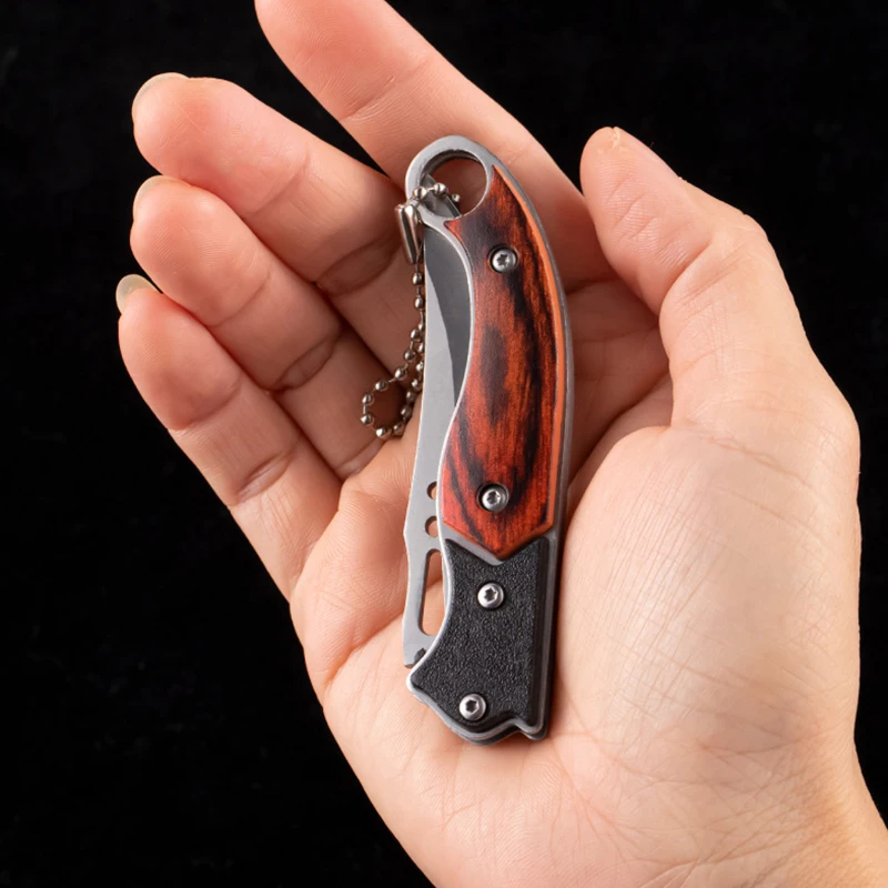 Kitchen Stainless Steel Fruit Knife Sharp Pocket Folding Knife with Keychain Wood Handle Paring Knives Cutting Kitchen Tool