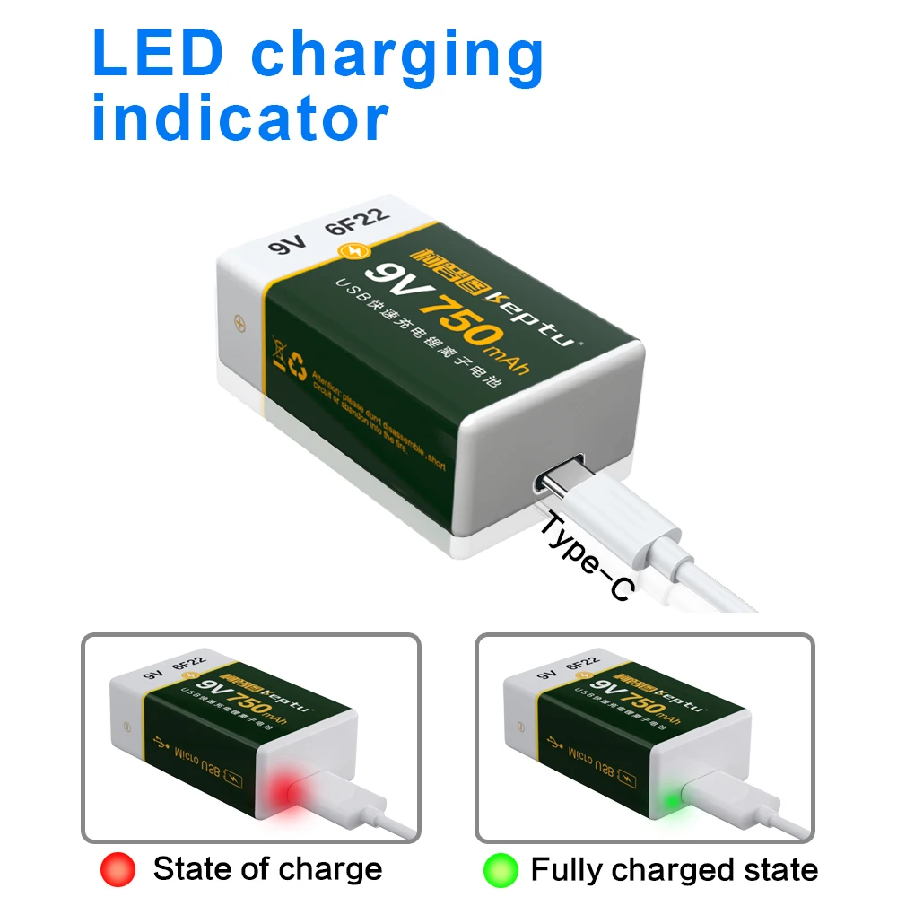 KEPTU 9V 750mAh Li-Ion Type-C USB แบตเตอรี่ 6F22 แบตเตอรี่ลิเธียมสําหรับมัลติมิเตอร์เครื่องตรวจจับโลหะของเล่นรีโมทคอนโทรล