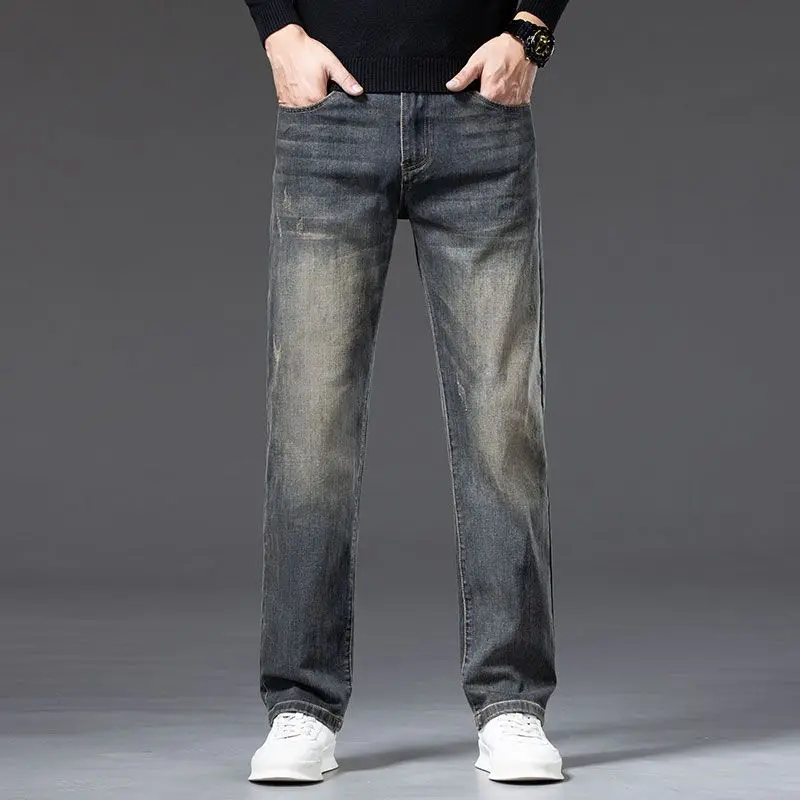 Men's Business Straight Leg Jeans Full Length Casual Denim Trousers Stretch Elastic Fabric Comfortable Fit Pant Plus Size 29-42