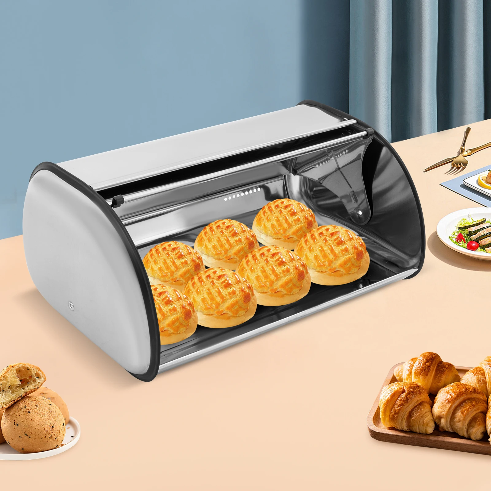 Caja de pan de acero inoxidable, contenedor de almacenamiento de pan, vitrina de pan de 43,5x27x18cm para almacenar pan, repostería, donuts, etc.