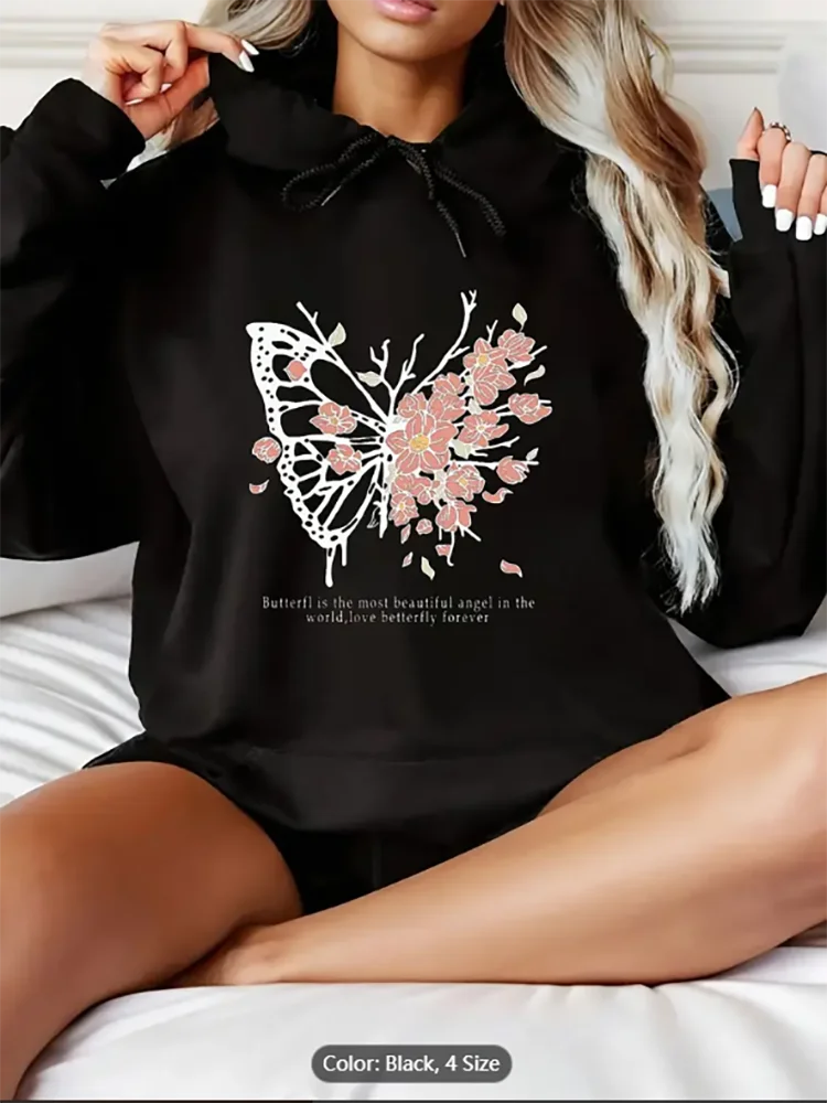 

Womens Casual Butterfly Floral Print Hoodie Inspirational Quote Loose Fit Long Sleeve Pullover Sweatshirt Pure Cotton