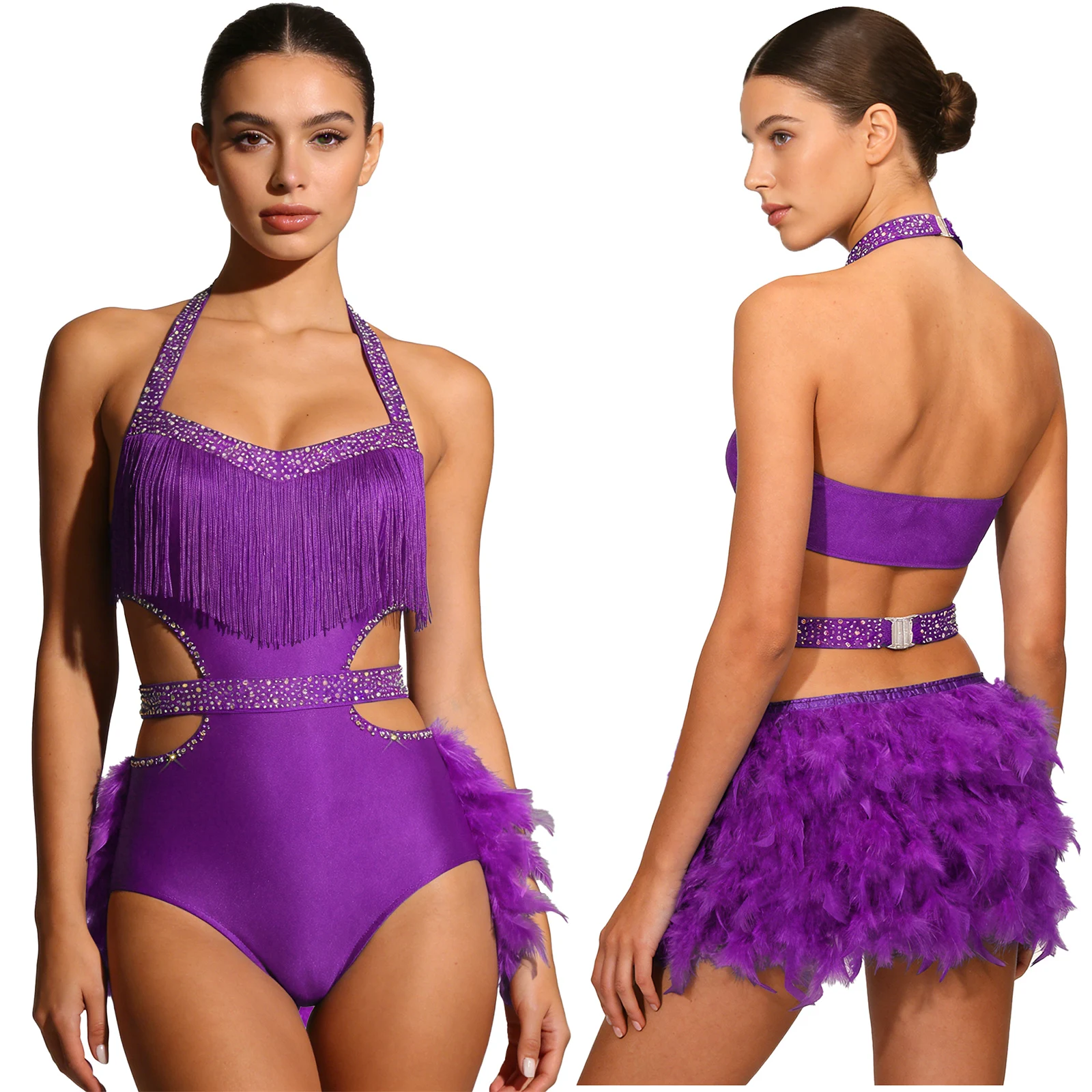 Mulheres jazz samba collant latino falso pena acentos halter sem costas sem mangas espanhol tango dança bodysuit macacão dancewear