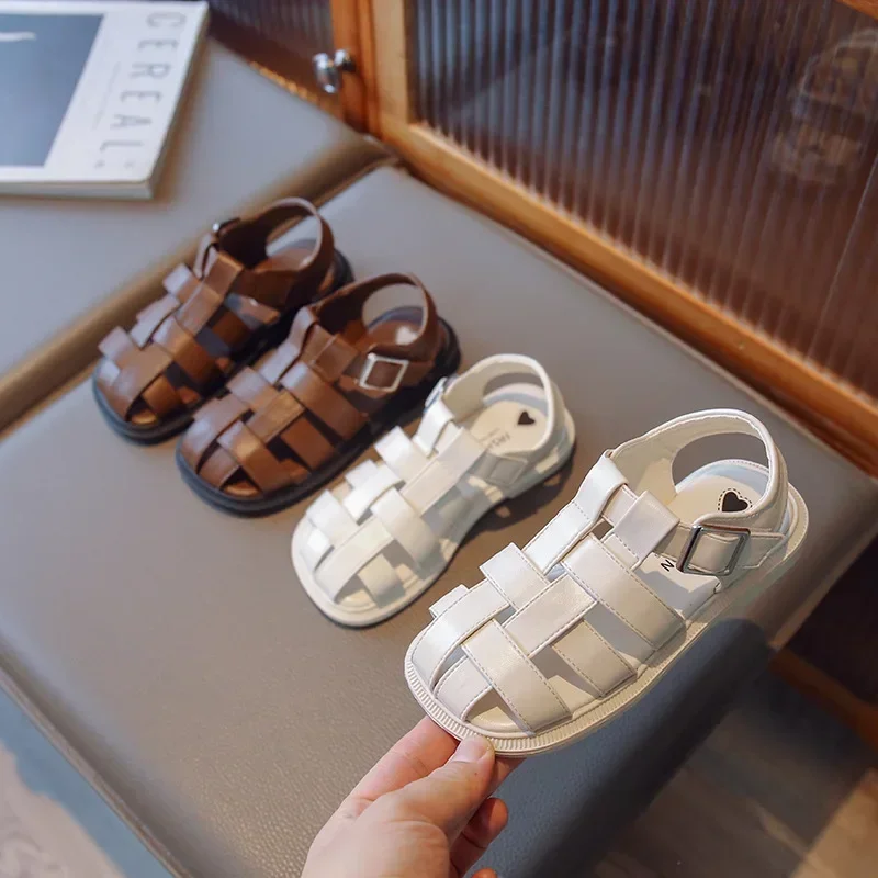Sandalias de gladiador para niños, zapatos de princesa suaves para niñas, sandalias romanas Retro marrones, zapatos trenzados para exteriores, zapatos Beige para niños tejidos G03223