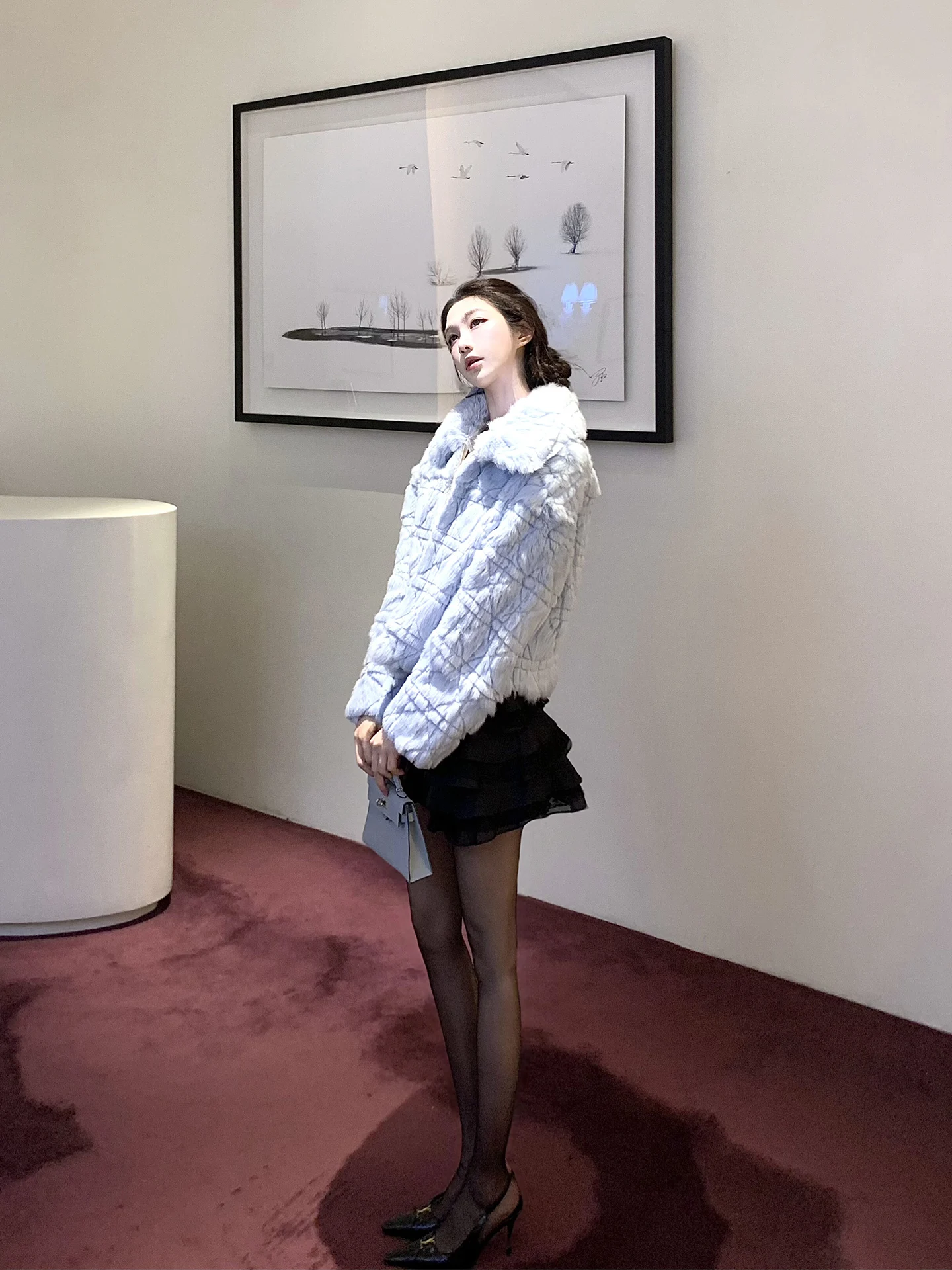 Soft Rabbit Fur Leather Jaet Women's Casual Sle ort Length Long Sve Zipper Closure Diamond Pattern Collectible Baby ...