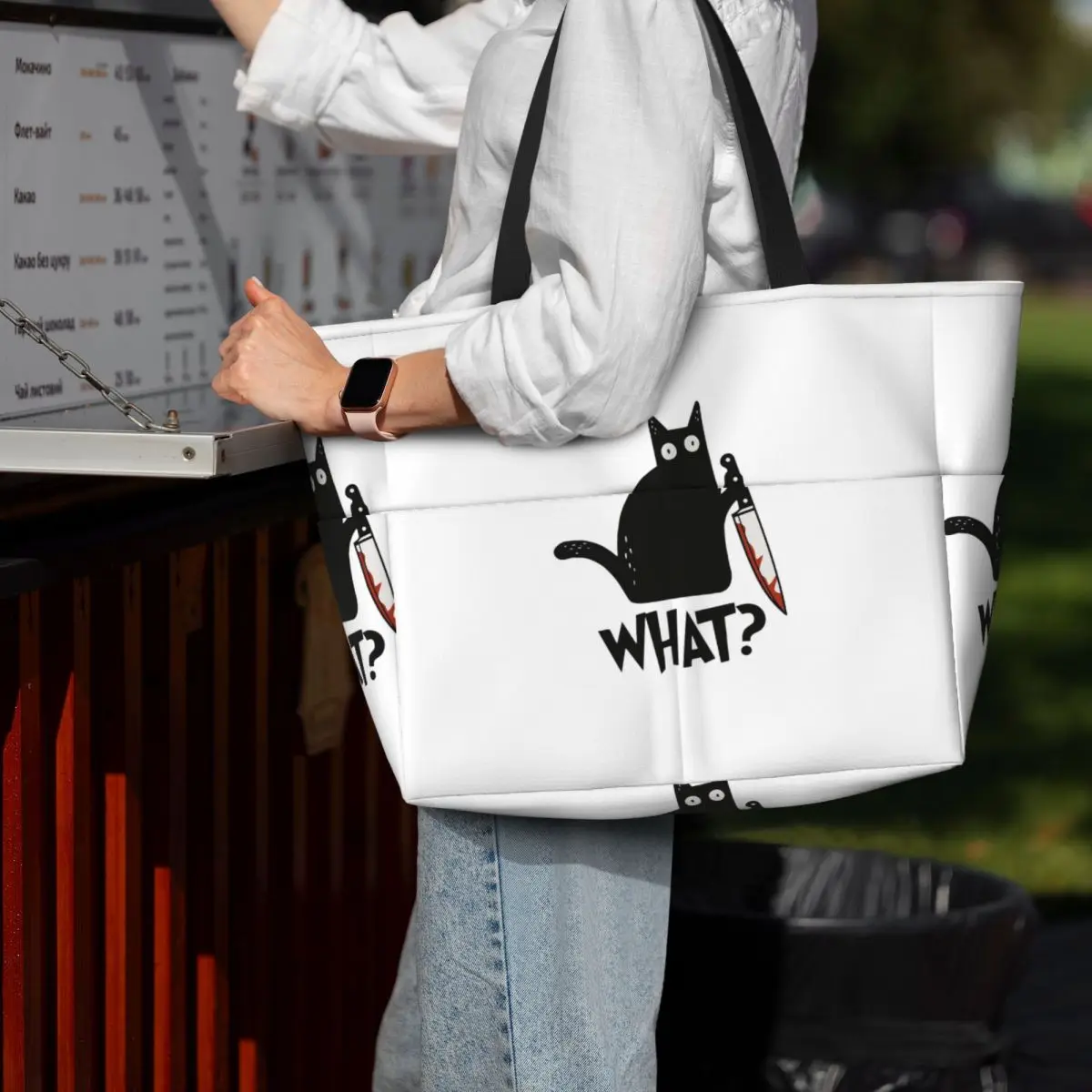 

Cat What Murderous Black Cat With Knife Beach Tote Bag Sport Gym Yoga Duffle Large Tote Bag Women Travel Bag Fitness bag