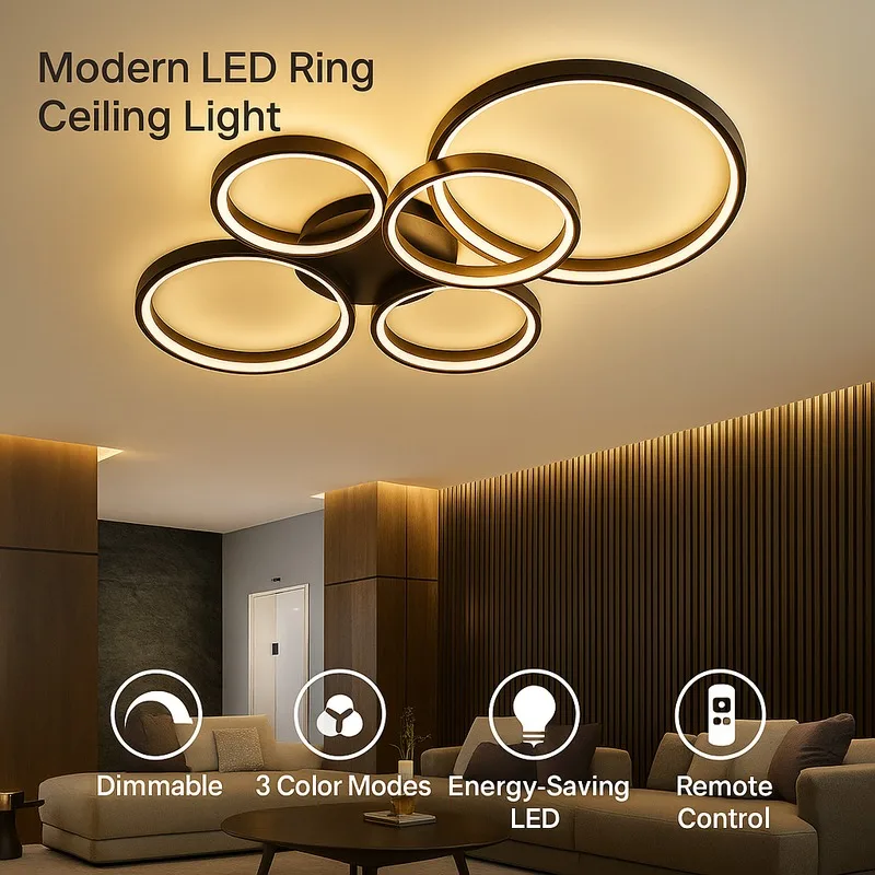 

Modern LED Ring Ceiling Light – Dimmable Living Room Fixture with Remote, 3 Color Modes, Energy-Saving Design