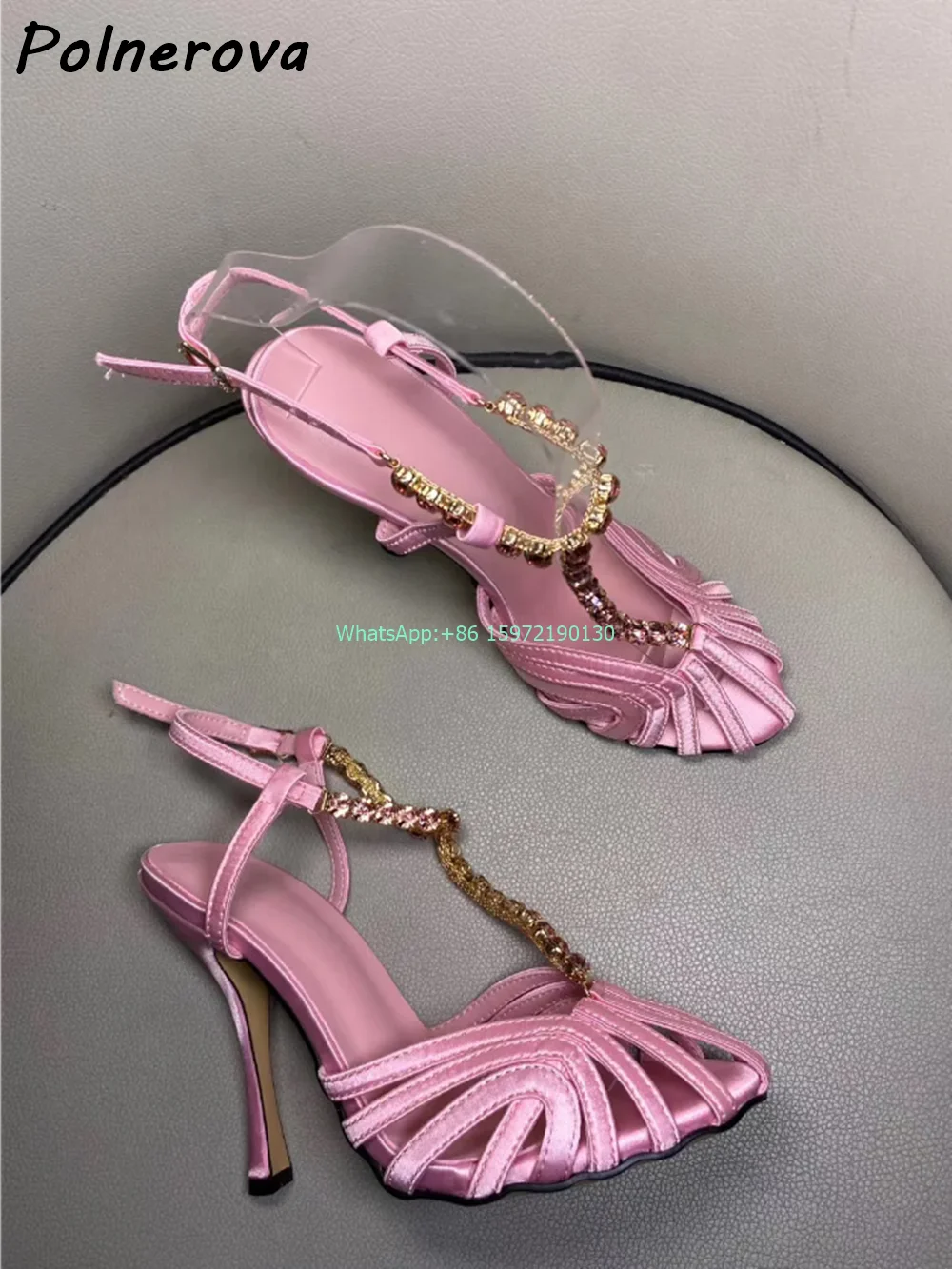 

Crystal T-Strap Hollow Sandals Round Toe Thin Buckle Solid Pink Shoes Ankle Band Lady Sexy Luxury Runway Fashion Stiletto Shoes