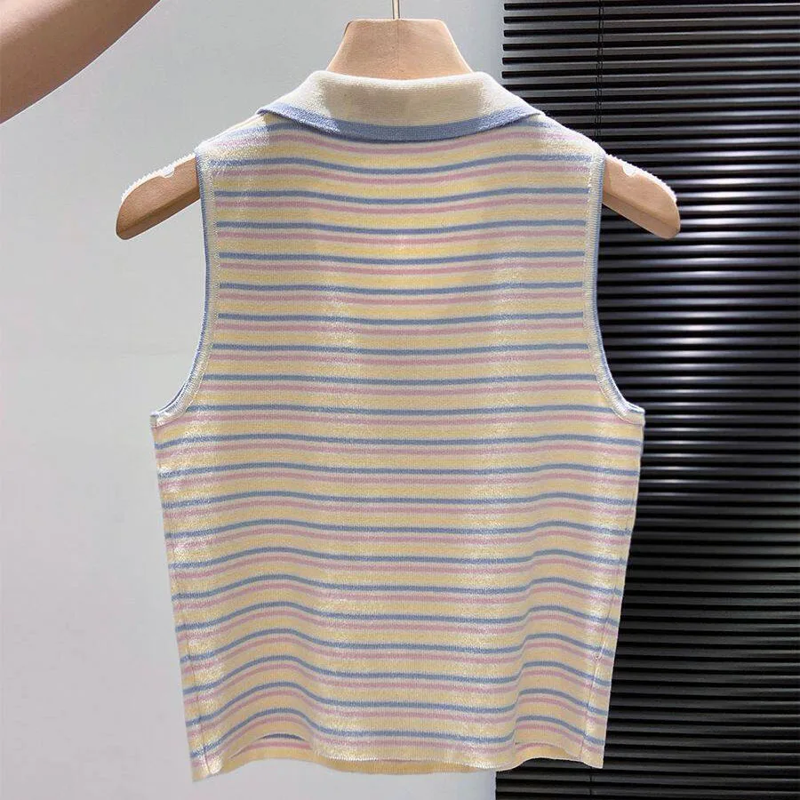 Summer French Lapel Knitted Tank Tops Casual Fashionable Simple Commute Slim Contrast Color Women's Half Zipper Striped Vest