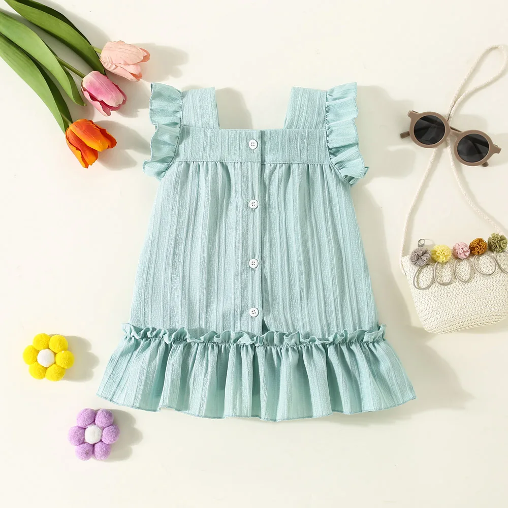 Summer New Girls Dress With Sweet Flying Sleeves Childrens Plaid Dress Heavy Lifting Little Chicken Embroidery Princess Dress