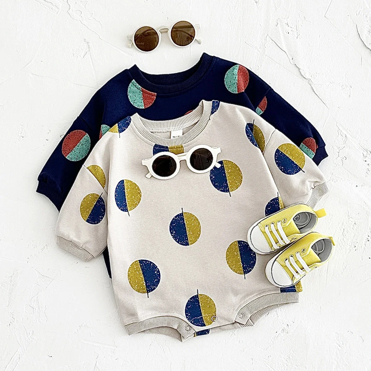 Newborn Baby Boys Girls Polka Dot Print Long Sleeve Tee Color Block Half Blue Half Yellow Shirt Toddler Autumn Wear