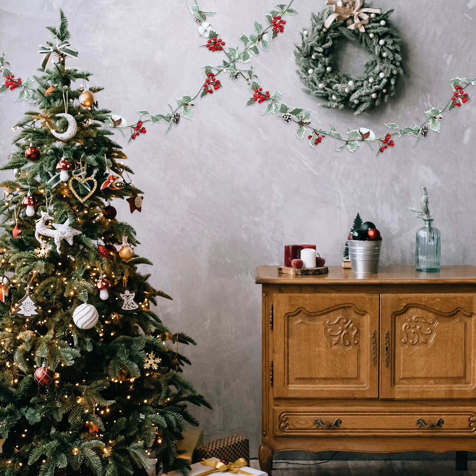 

1pc Christmas Decoration Hanging Rattan Artificial Red Fruit Berries Branch Simulation Plant For Xmas Party Home Door Wall Decor