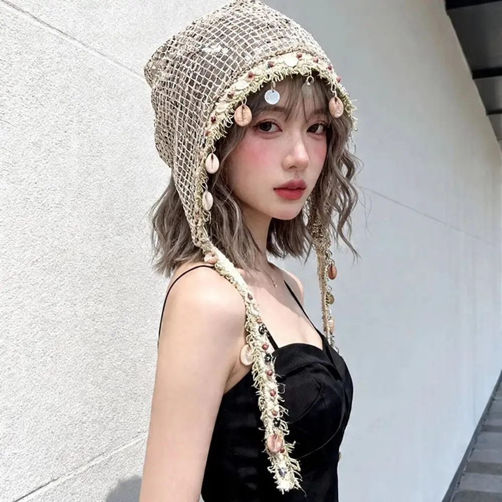 Fashion Hollow Out Mesh Beanie Cap Bohemian Shell Tassel Design Slouchy Hat Breathable Cover Head Cap Spring Summer