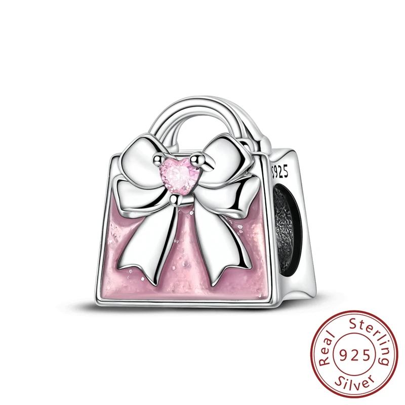 

Fashionable 100% 925 Sterling Silver Pink love bow Handbag Dangle Charm Fits Bracelet For Women's Exquisite Gifts