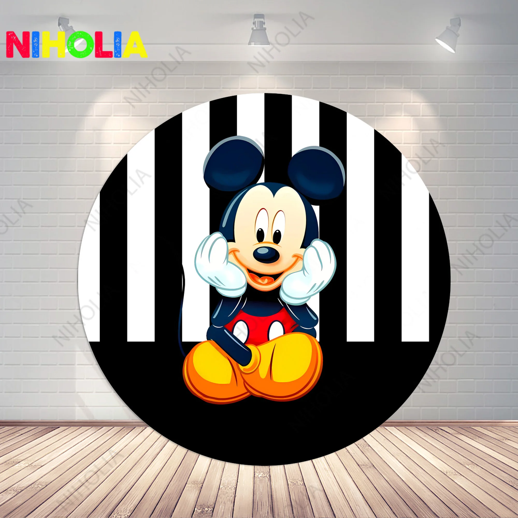 Disney Mickey Mouse Round Photo Backdrop para crianças, Decoração de aniversário, Tampa do cilindro de fundo, Mesa de bolo, Baby Shower
