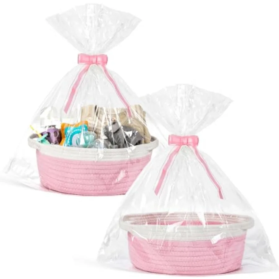 

2 Pack Small Woven Basket with Gift Bags and Ribbons, Empty Decorative Gift Chest Box, Cute Baby Gift Basket for Nursery, Cotto
