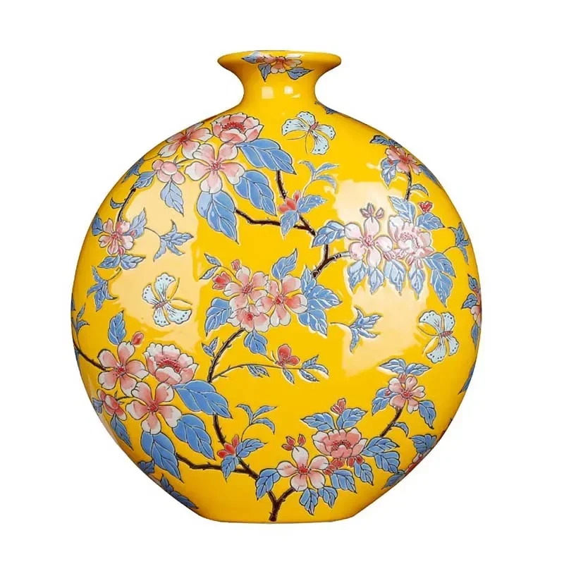 Vase Round Yellow Ceramic Vases Flower Tree Design Chinese Moon Vase Ceramic Modern Living Room Ornaments Table Vase Decorations