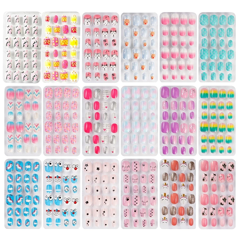 2022 New False Tips For Kids Teens Short Candy Pink False Tips Girl Children Cartoon Nails Press On Short