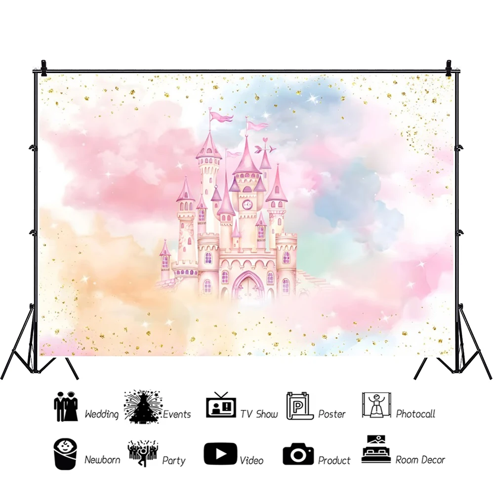 Laeacco Princess Castle Birthday Backdrop Watercolor Pastel Rainbow Gold Glitter Dots Girls Baby Portrait Photography Background