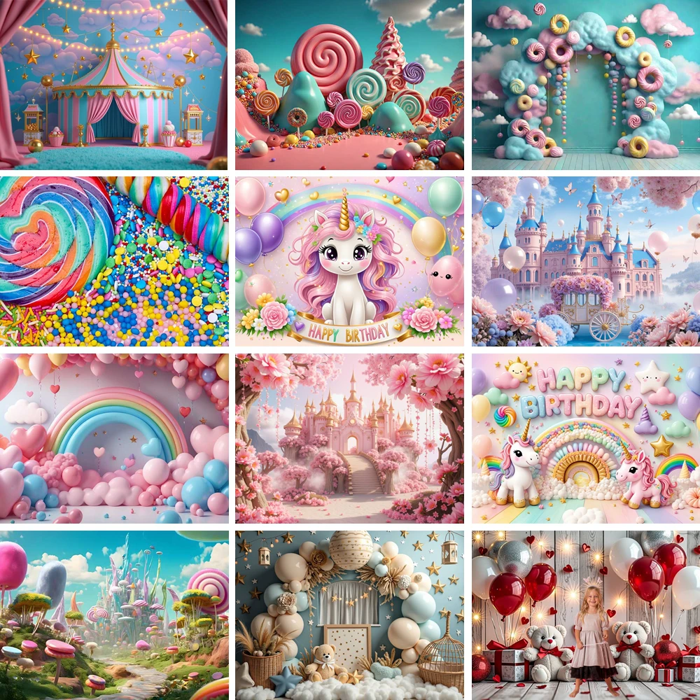 

MOON.QG Happy Birthday Backdrop Decoration Rainbow Balloon Teddy Bear Circus Backgrounds For Photographs Accessories Photobooth