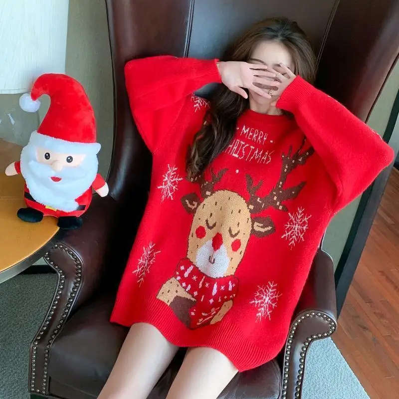 Red Christmas Deer Knitted Sweater Women Autumn Winter New Design Loose Lazy Style Niche Long-Sleeved Bottoming Shirt