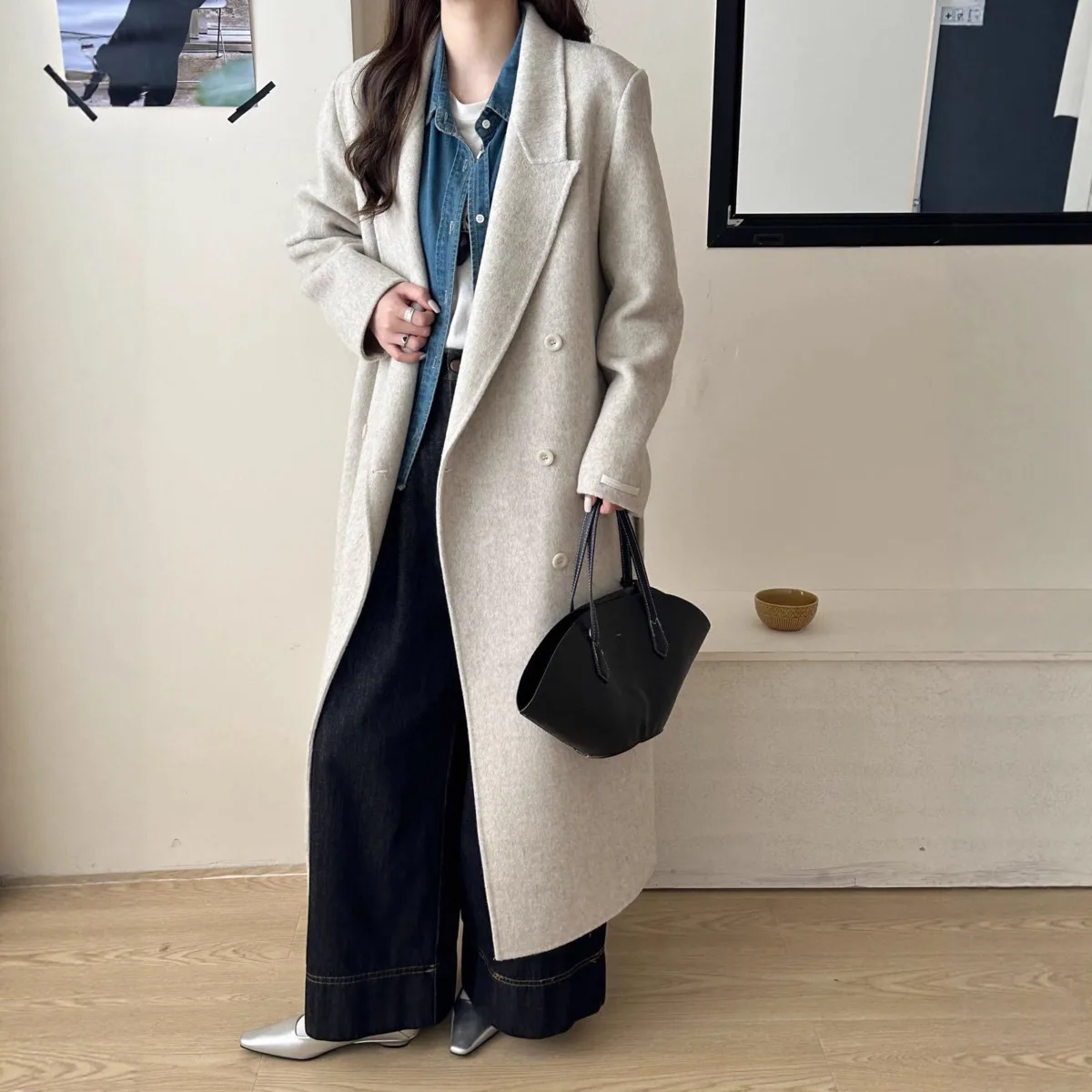 BJTZ 2025 معطف صوف نسائي فاخر جديد مزدوج الوجه مصنوع يدويًا قسط سميك دافئ خريف شتاء موضة ملابس خارجية أنيقة أنيقة