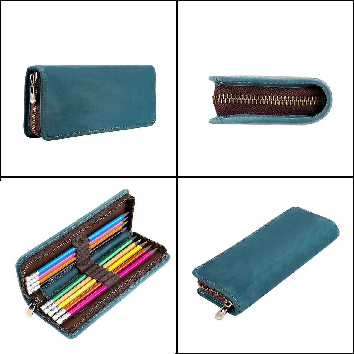 9-slot Retro Crazy Horse Leather Square Zipper Pen Case Genuine Leather Pencil Case Student Stationery Storage Bag
