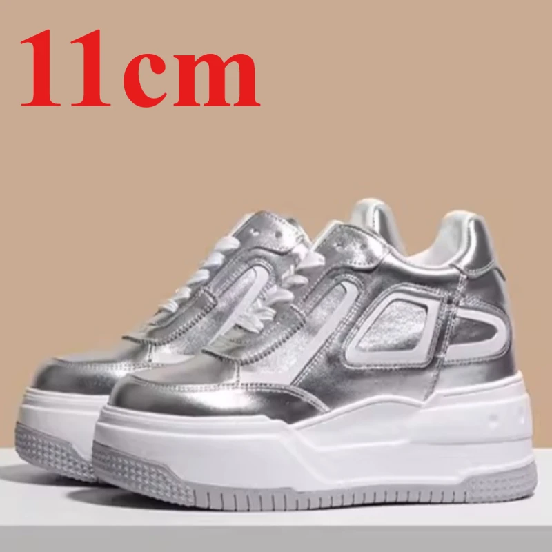 Genuine Leather 13cm Elevator Shoes Silver White Shoes for Women's Outdoor Chunky Sneakers Thick-soled Height Increasing Shoes