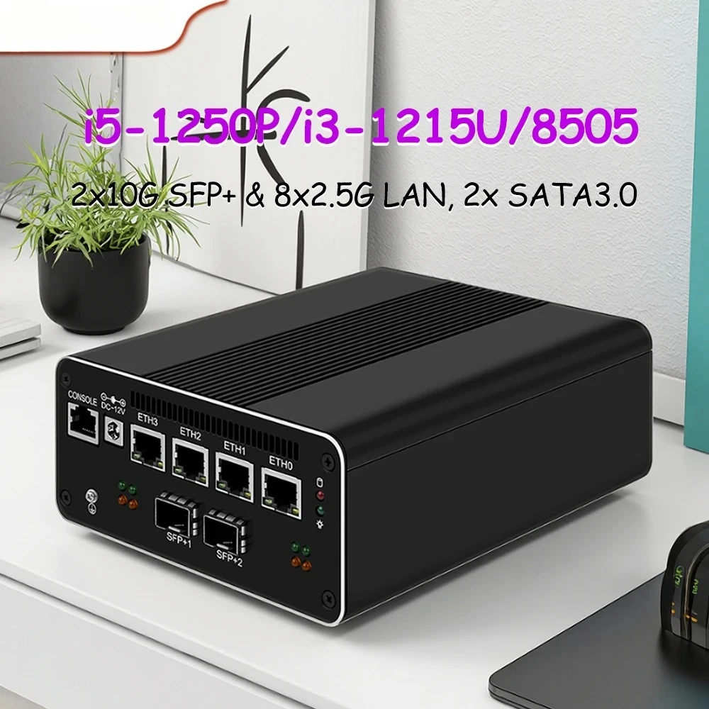 Solid Firewall Mini PC Intel i5-1250P/i3-1215U/8505, 2x10G SFP+ & 8x2.5G LAN, Firewall Server Router Compact Industrial Computer
