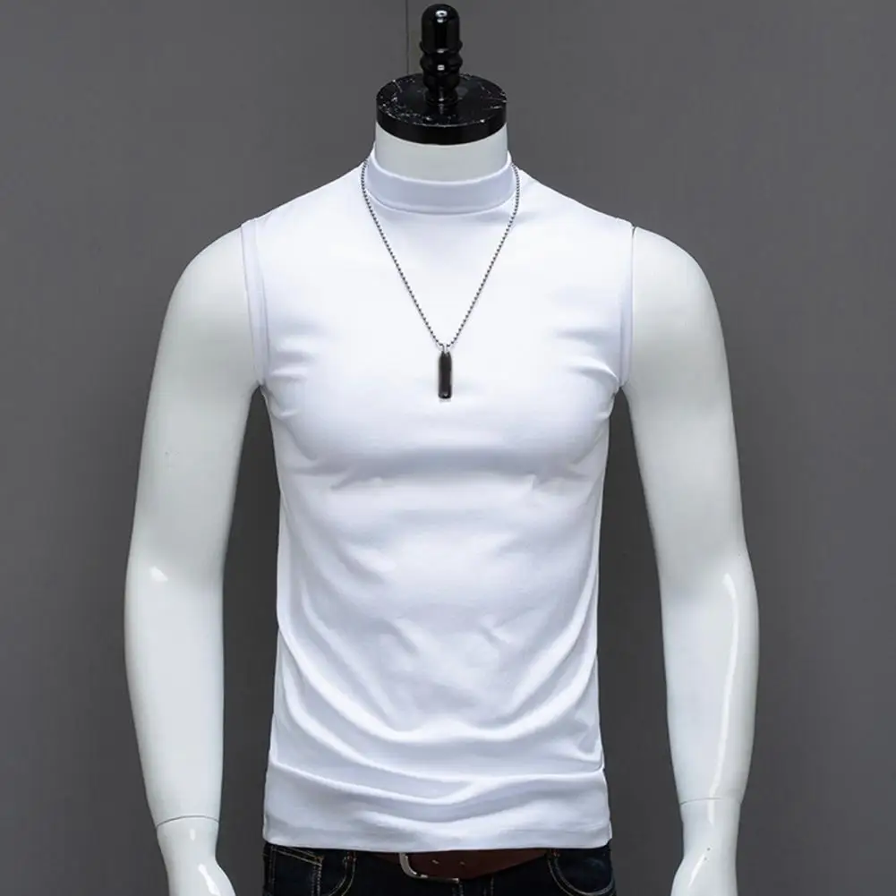 Fashion Men Tank Tops Half High Collar Sleeveless Slim Fit Stretchy Tops Solid Color Wide Shoulder Straps Ice Silk T-shirt