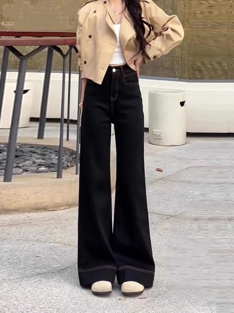 

Джинсы с высокой талией, расклешенные, прямого кроя, больших размеров, из черного денима, для женщин с фигурами типа «груша», осенние, удобные, дышащие, утягивающие, широкие...