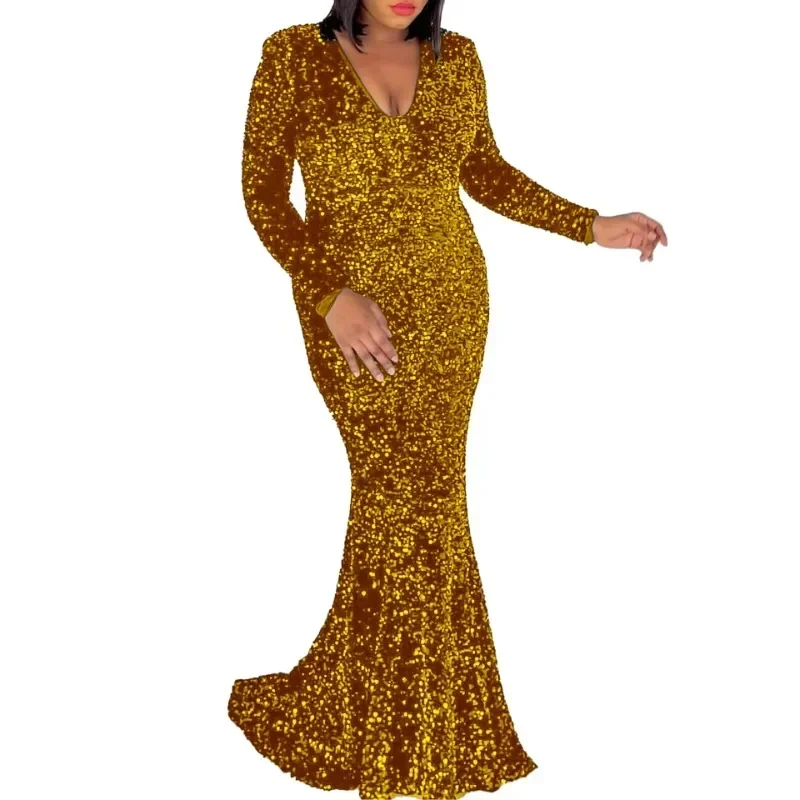 Sequin African Party Evening Dresses for Women Autumn African Long Sleeve V-neck Long Maxi Dress Gowns Dashiki Africa Clothing