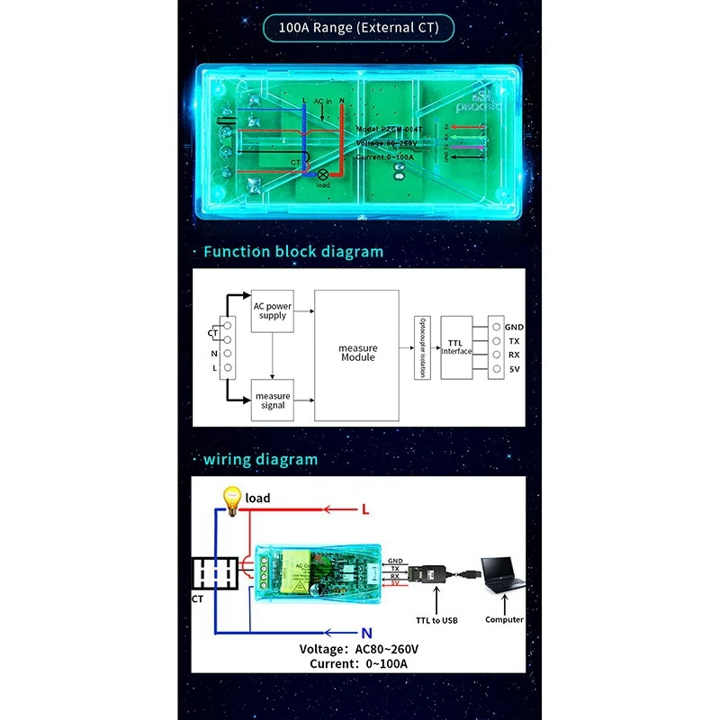 Peacefair PZEM-004T 3.0 versão ttl modbus-rtu medidor de energia kwh medidor ac monofásico 100a volt elétrico amp frequência fato de energia